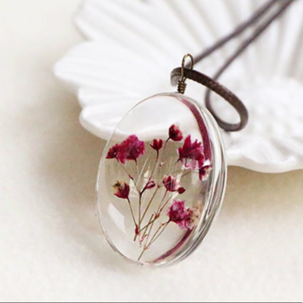Handmade Dried Pink Flower in Dome Glass Pendant - Picture 2 of 8